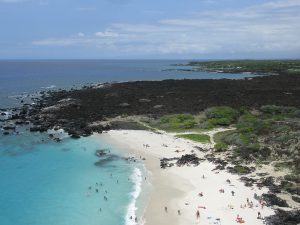 Low altitude aerial photograph of Manini Owali Beach at Kua Bay, looking north toward the Four Seasons Resort Island of Hawaii, Hawaii, USA