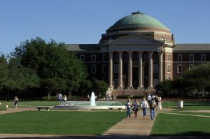 File photo of Southern Methodist Universitys Dallas Hall. In the competition to be the home of the George W. Bush presidential library and museum, colleges across Texas are working every angle theyve got. The prizes theyre competing for are considerable: prestige, tourist dollars and jobs. Seven colleges or universities and the city of Arlington have until Sept. 15 to submit their proposals for the library.